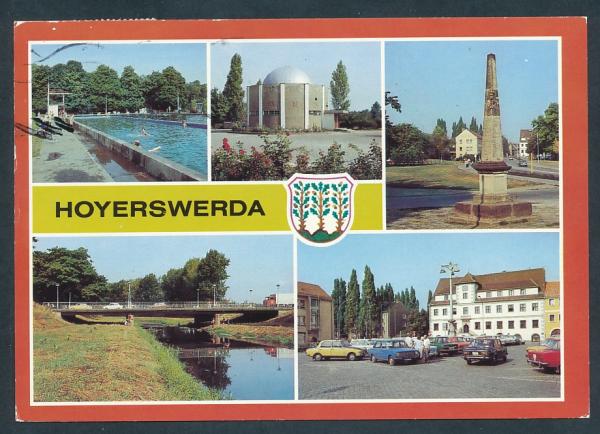 Hoyerswerda, Stadtbad, Planetarium, Postsäule, Elsterbrücke, Blick zum Rathaus